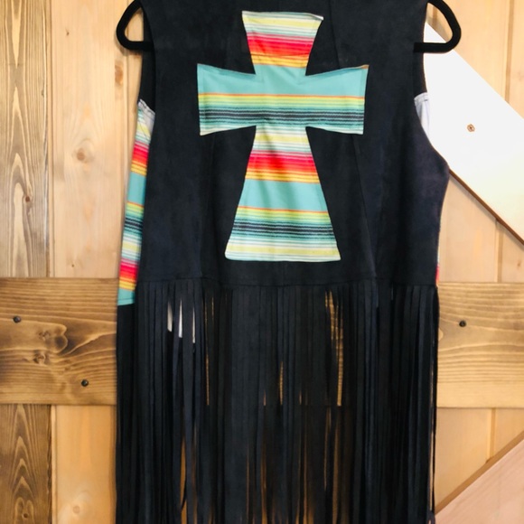 Crazy Train Suede Vest with Fringe and Cross Design on back. - Picture 2 of 7